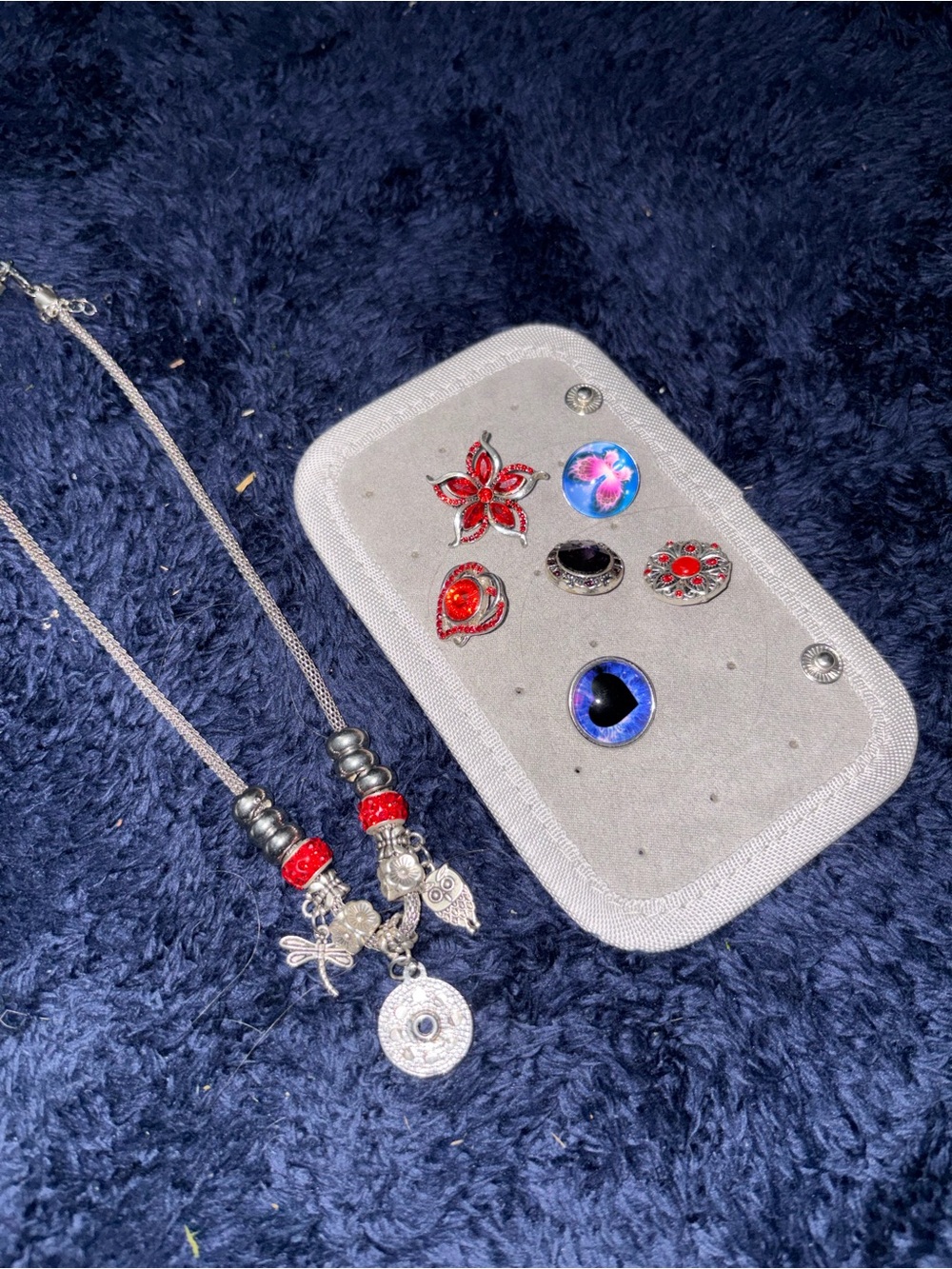 Silver Charm Necklace with Red Beads and Multi-Accent Charms